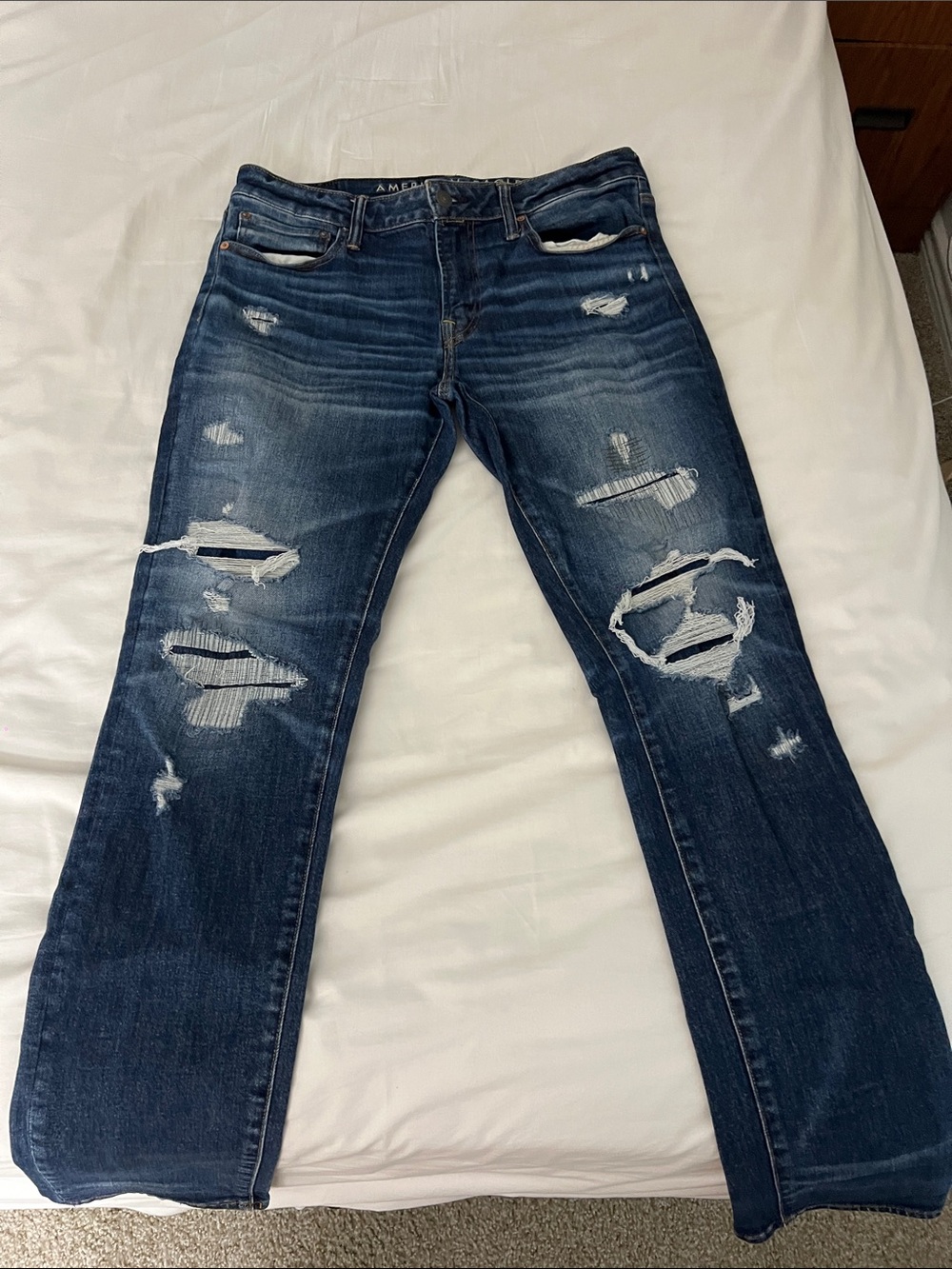 34x34 Men American Eagle Outfitters Dark Blue Distressed Skinny Leg Jeans